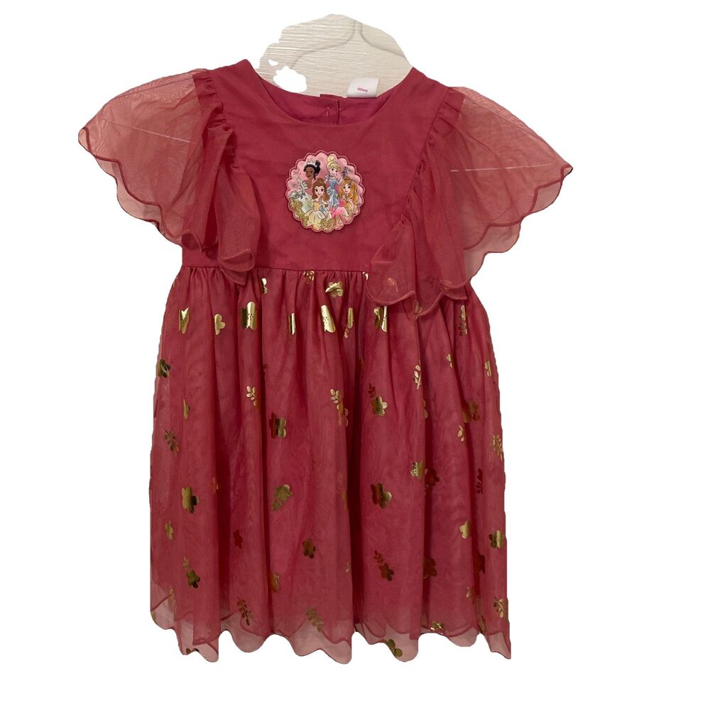 Disney Princess Tulle Dress 5T Toddler Pink Gold Foil Flutter Sleeve